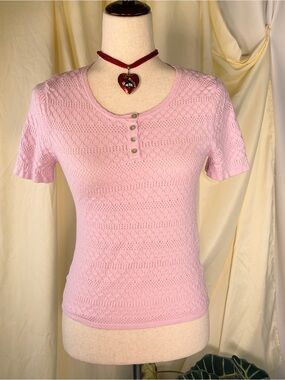 Classic Pink Short-Sleeve Knit Henley Top Baby Tee Crochet Summer Too Coastal S